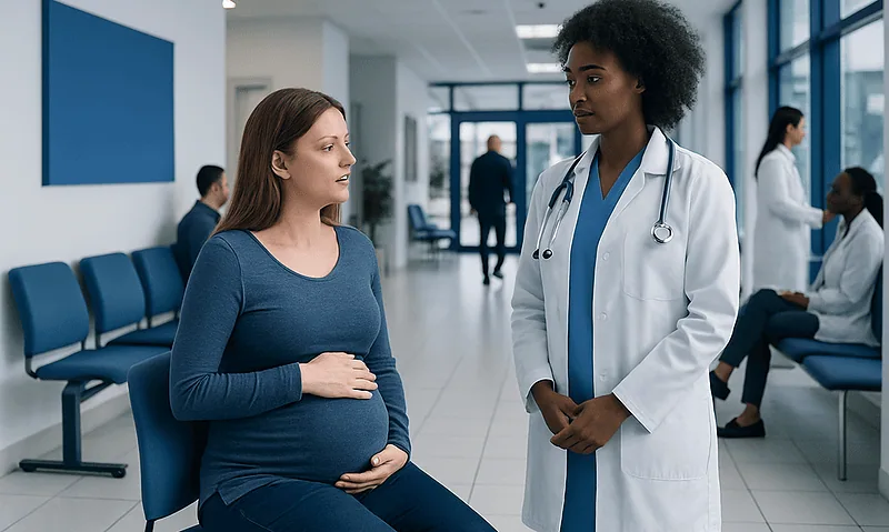 Pregnant woman consulting with a doctor in a hospital corridor.