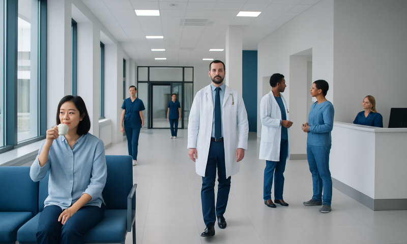 Medical team in hospital corridor with patient and staff members.