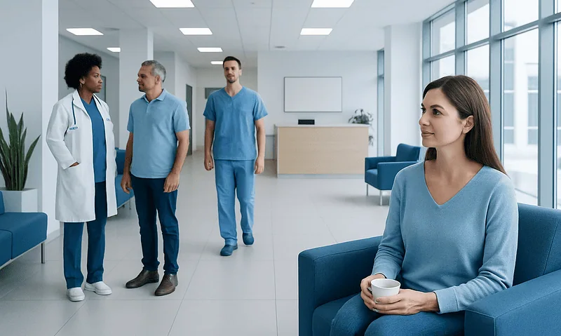 Patient waiting in hospital lounge with medical staff nearby.