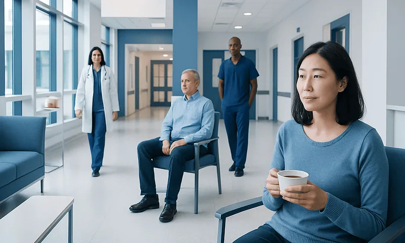 Patients and medical staff in a hospital corridor at Acibadem Hospitals Group.
