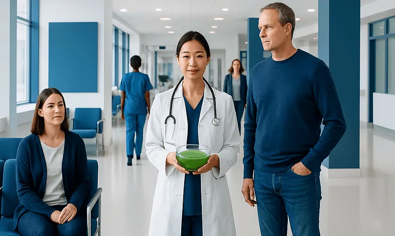 Doctor and patient in hospital corridor with medical staff in background.