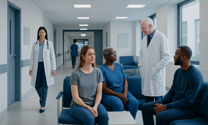 Medical consultation with diverse patients in hospital corridor.