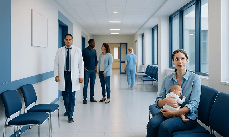 Hospital corridor with medical staff and a mother with baby.