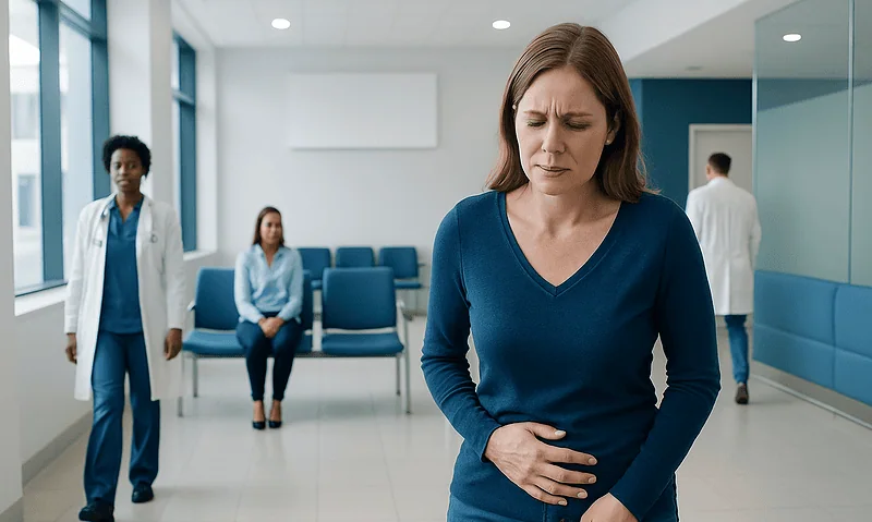 Woman experiencing groin pain in a hospital waiting area.