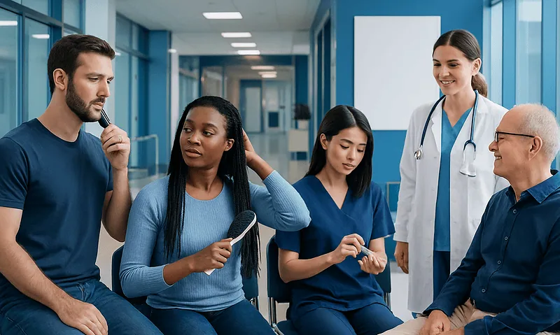 Patients and healthcare professionals in a hospital waiting area.