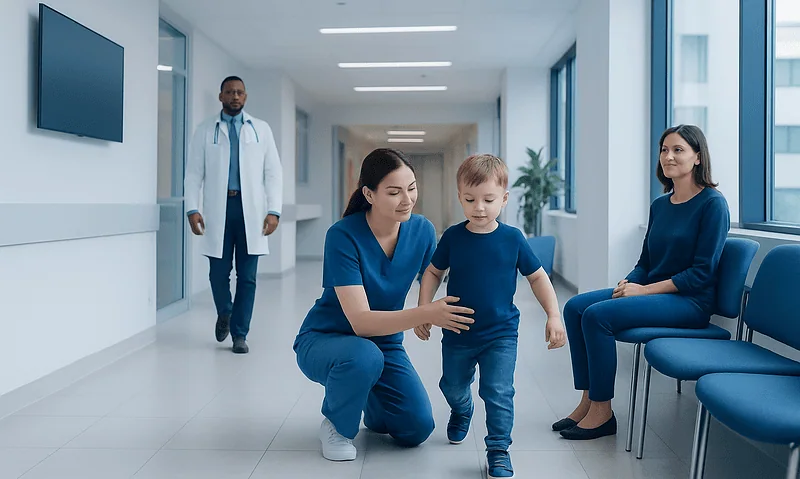 Pediatric physical therapy session at Acibadem Hospital with healthcare professionals and a youngboy.