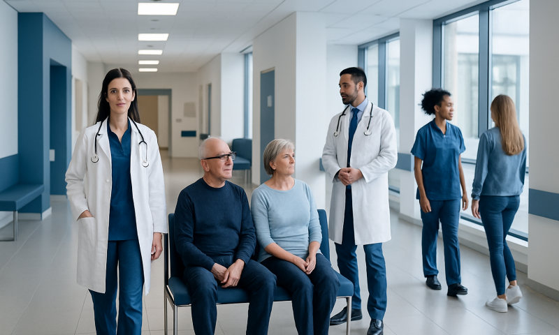 Medical professionals and patients in a hospital corridor.