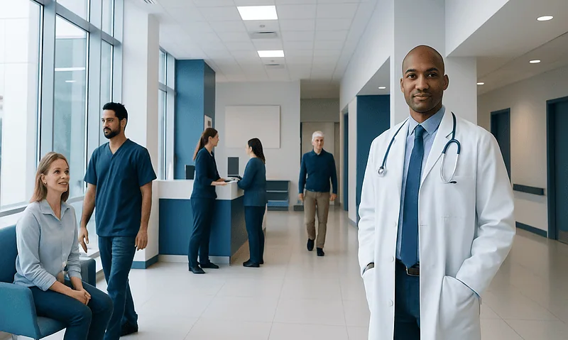 Healthcare professionals and patients in a modern hospital corridor.