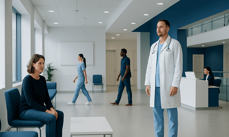 Doctor consulting with a patient in a modern hospital lobby.
