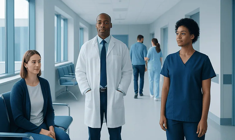 Medical professionals in a hospital corridor discussing patient care.