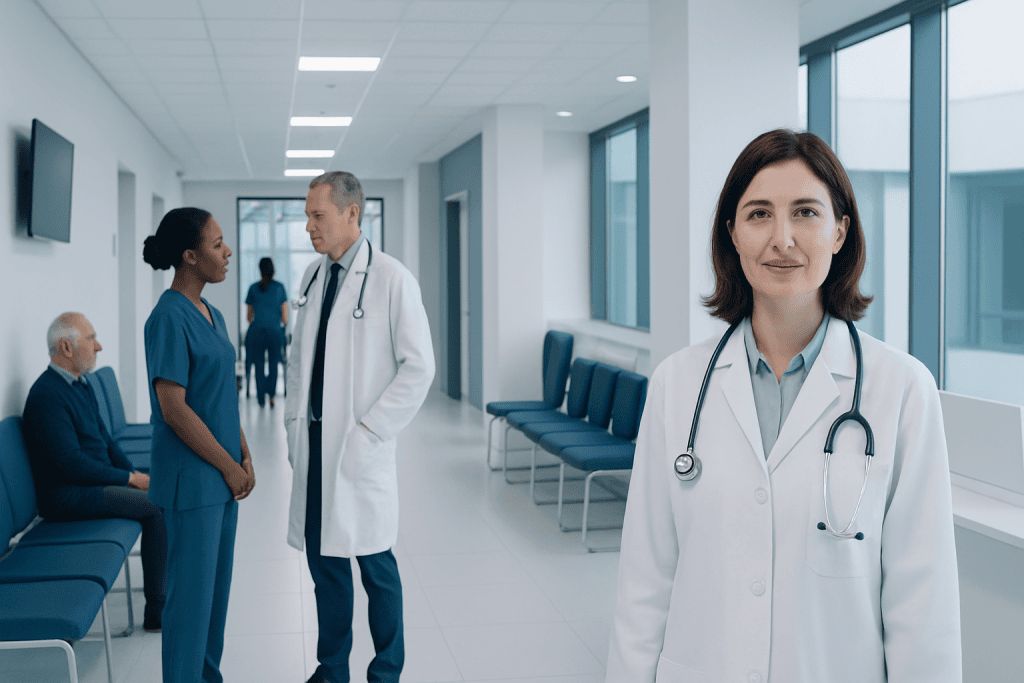 Group a Streptococcal Infection: Diagnosis, Outlook, and Modern Treatment Approaches 1 Healthcare professionals and patients in a modern hospital corridor.