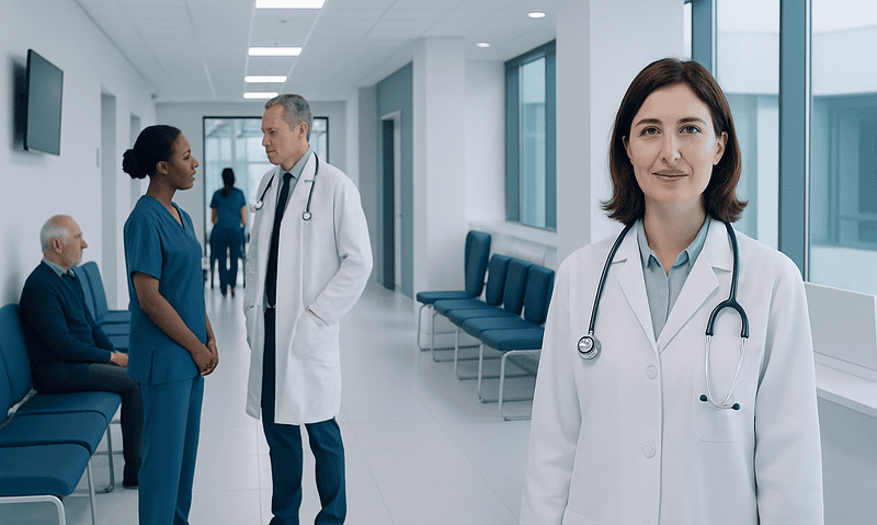 Group a Streptococcal Infection: Diagnosis, Outlook, and Modern Treatment Approaches 13 Healthcare professionals and patients in a modern hospital corridor.