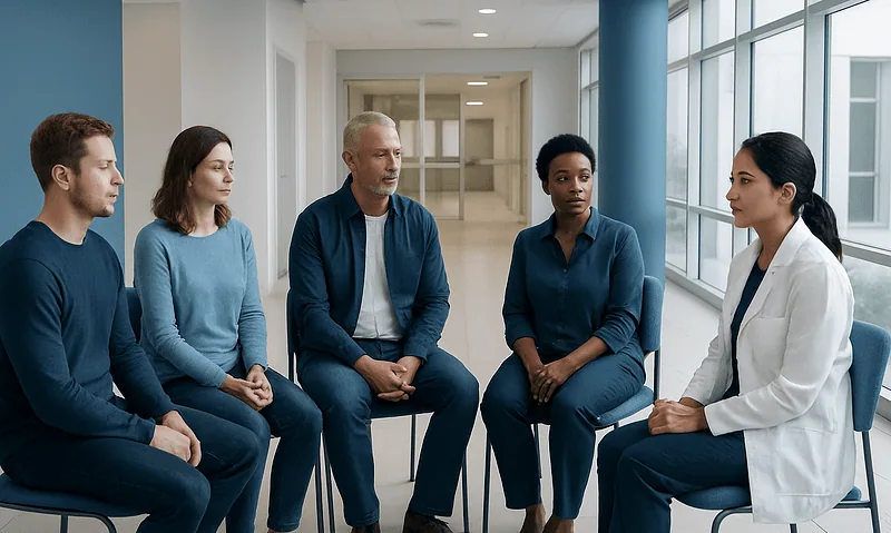 Group therapy session with diverse patients and a healthcare professional in a modern clinic.