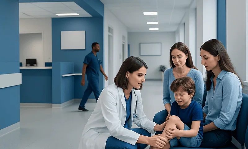 Pediatric doctor examining a child's knee in a hospital corridor.