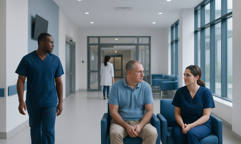 Healthcare professionals and patient in hospital corridor at Acibadem Hospitals Group.
