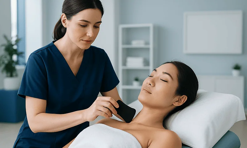 Medical professional performing Gua Sha therapy on patient in clinic.