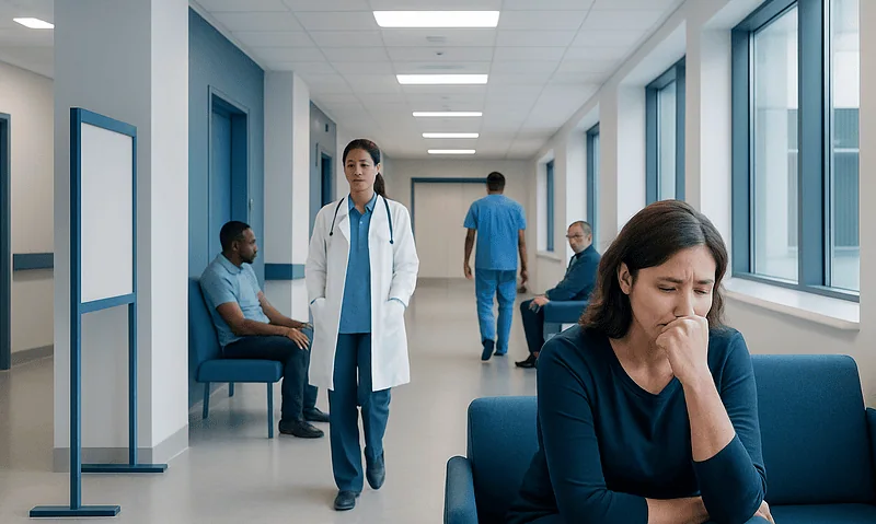 Healthcare professionals and patients in a hospital corridor.