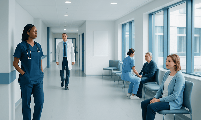 Healthcare professionals and patients in a modern hospital corridor.