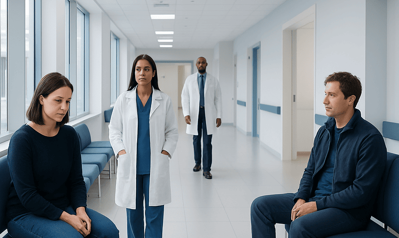 Medical professionals consulting with patients in a hospital corridor.