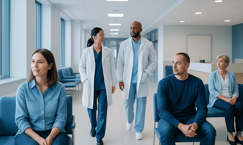 Medical professionals and patients in a hospital waiting area.