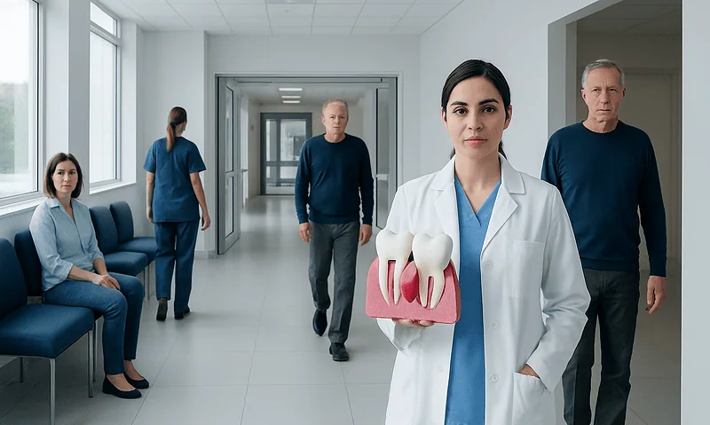 Dental professional holding a model of teeth in a hospital corridor.