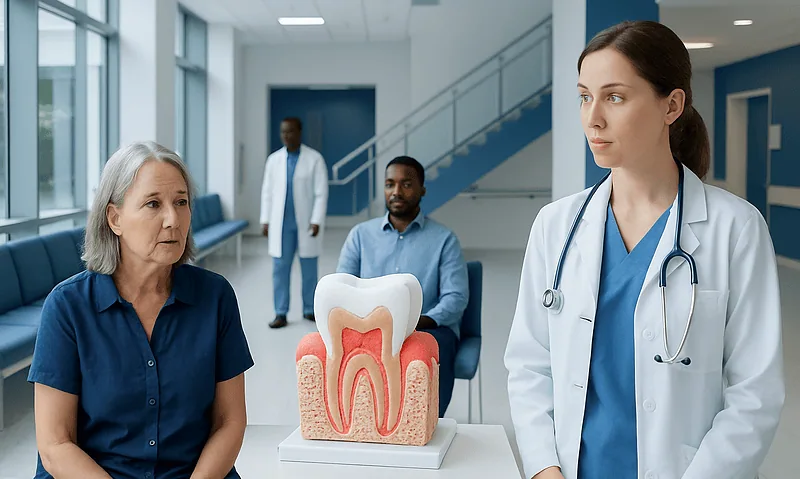 Dental consultation with a model tooth in a modern clinic setting.