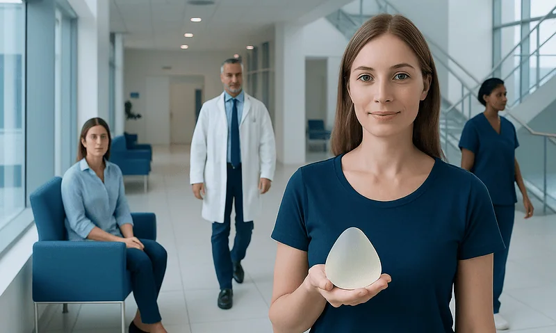 Young woman holding a silicone breast implant in a hospital setting.