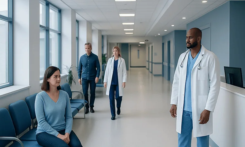 Medical team consulting in hospital corridor at Acibadem Hospitals Group.