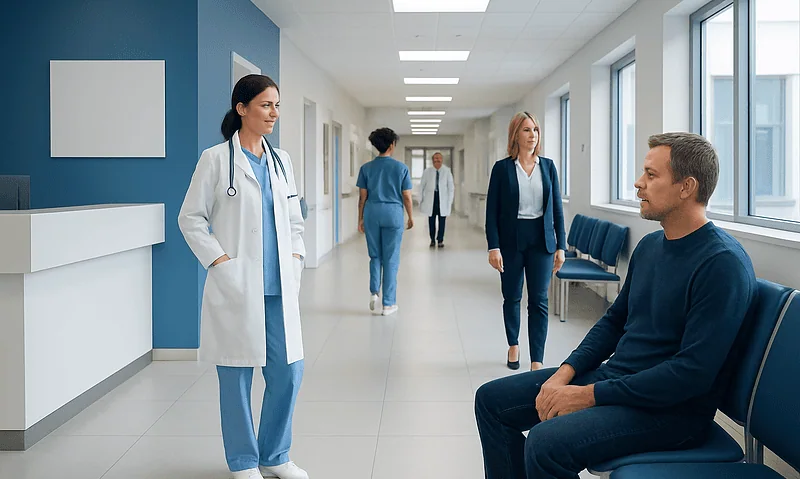 Doctor talking to patient in hospital corridor with medical staff in background.