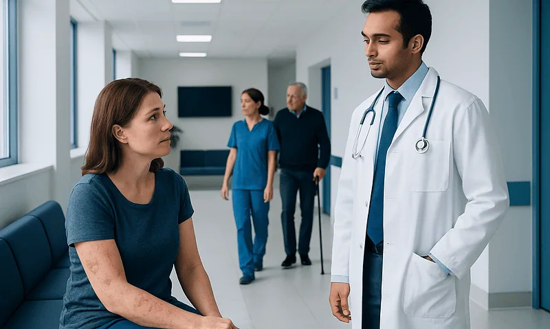 Doctor consulting a patient in a hospital corridor with medical staff in the background.