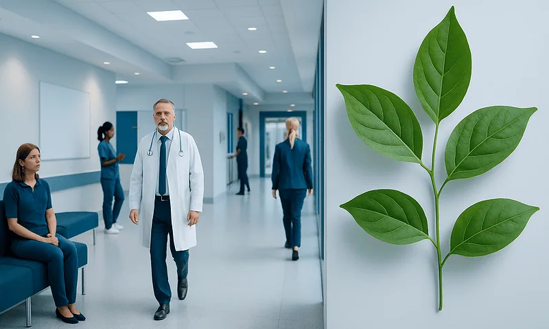 Medical professionals in hospital corridor with green plant on wall.
