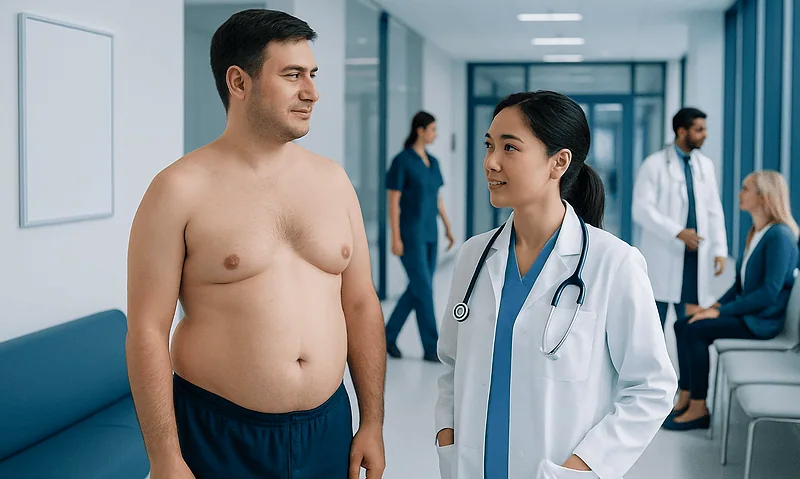 Male patient consulting with doctor in hospital corridor.