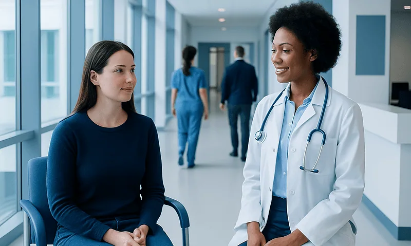 Doctor consulting with a patient in a modern hospital corridor.