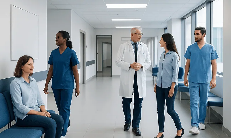 Medical team discussing patient care in hospital corridor.