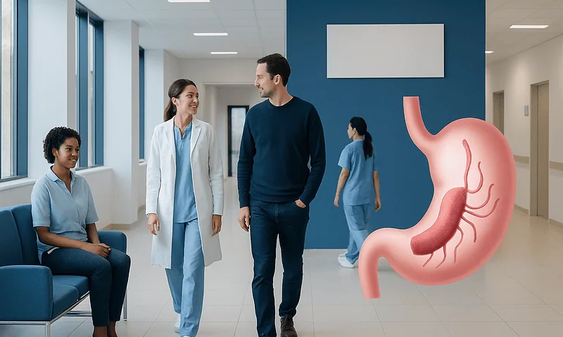 Doctor and patient discussing stomach health in hospital corridor.