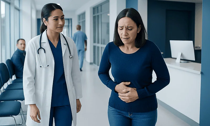 Patient experiencing stomach pain at a hospital with medical staff nearby.