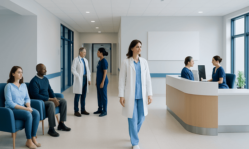 Hospital waiting area with medical staff and patients at Acibadem Hospitals Group.