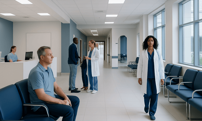 Hospital waiting area with patients and medical staff at Acibadem Hospitals Group.