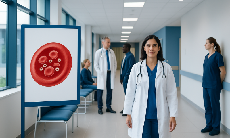 Medical professionals in a hospital corridor with blood cell illustration on screen.