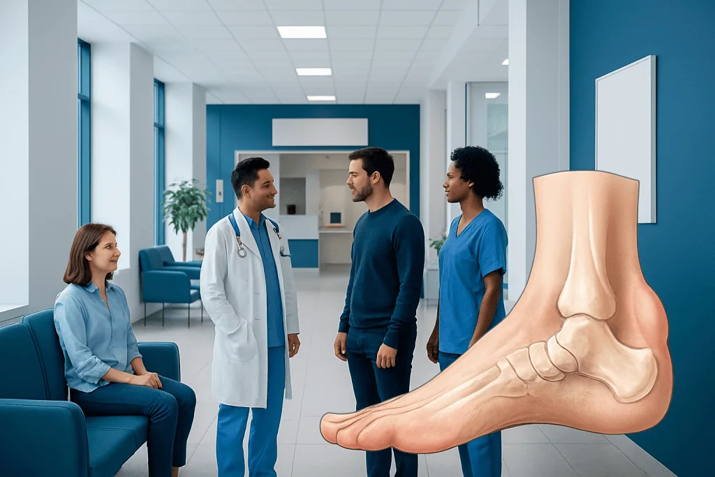 Haglund's Deformity: An Evidence-Based Guide for Patients 1 Medical consultation about foot deformity with a 3D foot model in hospital.