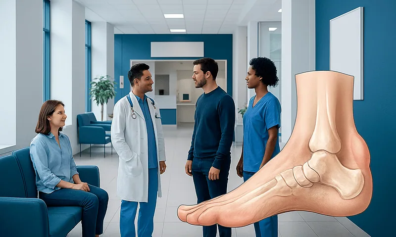 Medical consultation about foot deformity with a 3D foot model in hospital.