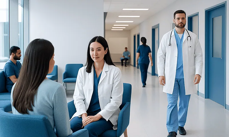 Medical consultation in a hospital corridor with doctors and patients.