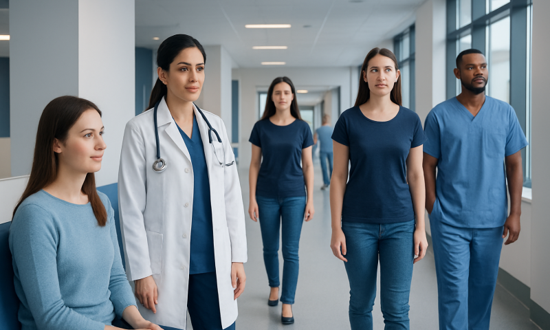 Medical team walking in hospital corridor with doctor and nurses in scrubs.