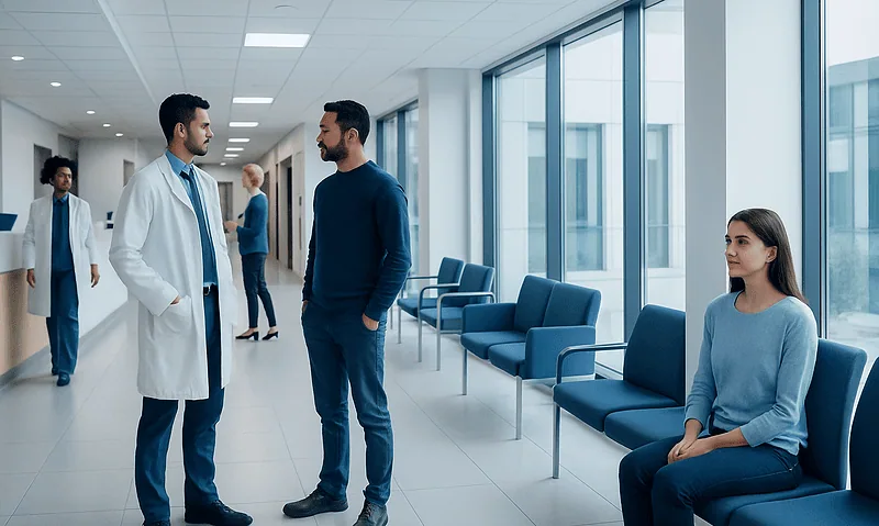 Medical consultation in a modern hospital corridor with doctors and patient.