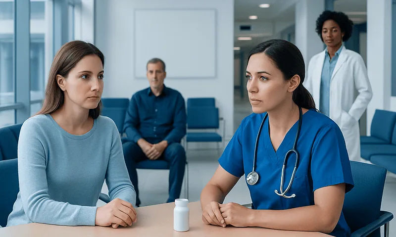 Doctor consulting young woman in hospital waiting area.