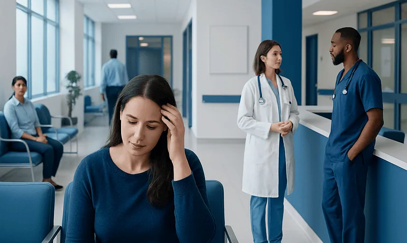 Patient experiencing hair loss in a hospital waiting area.