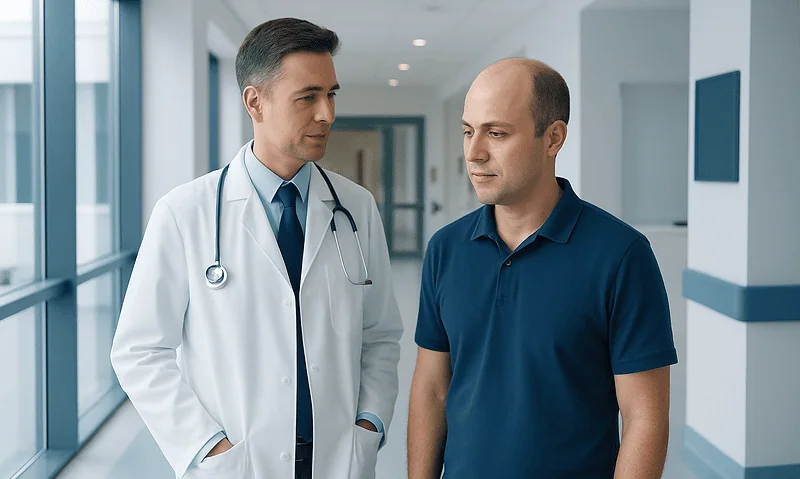 Doctor consulting with patient in modern hospital corridor.