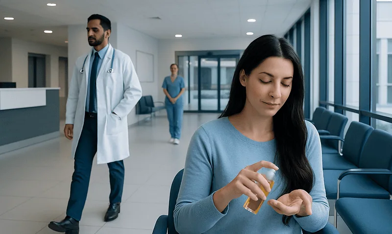 Young woman applying hand sanitizer in hospital corridor.