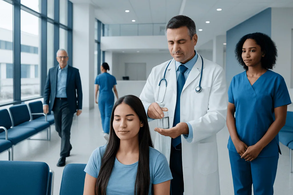 Hair Oil for Moisturizing: A Complete Medical Overview 1 Doctor preparing medication for a patient in a hospital waiting area.