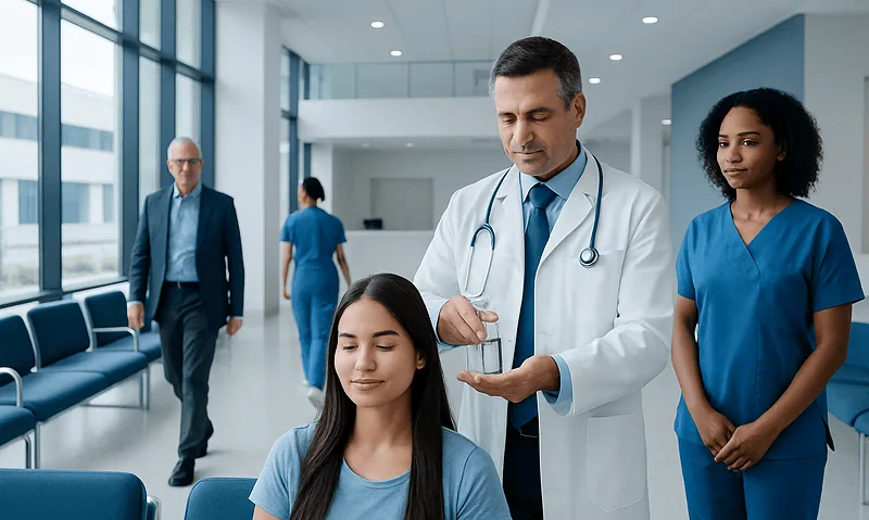 Doctor preparing medication for a patient in a hospital waiting area.